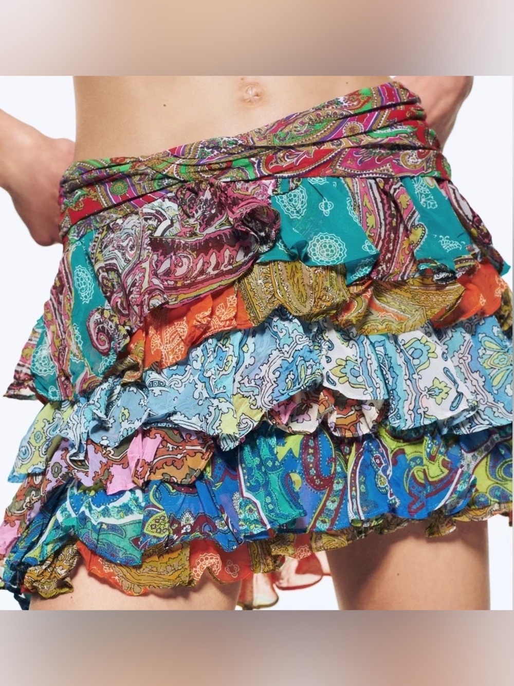 VIRAL Zara Colorful Paisley Tiered Ruffle Mini Skirt
